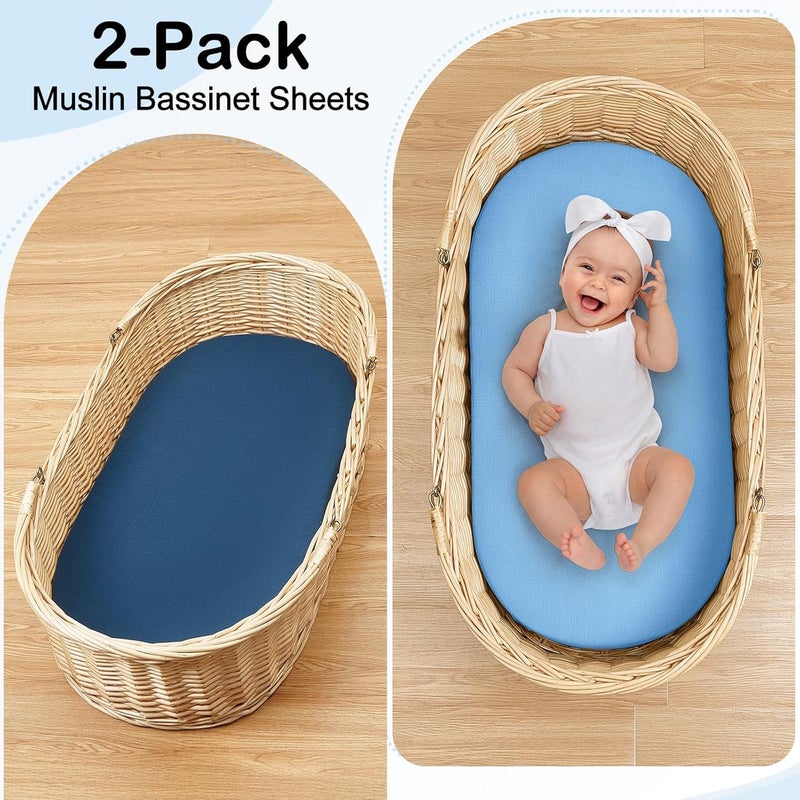 BeBeJoJo Baby Bassinet Sheets TPU Waterproof 2 Pack Soft Muslin Bedside Bassinet Mattress Sheets with Bottom Elastic Band for Baby Boy Girls Unisex Fit Hourglass Oval and Rectangle, Blue - Image 2